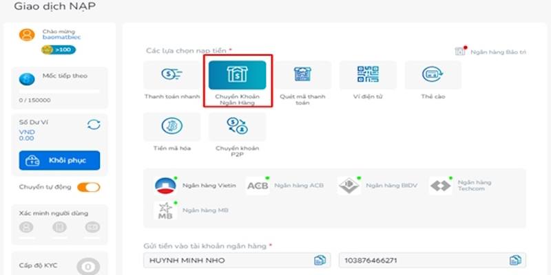 Hoàn thành việc nạp tiền BK8 qua ngân hàng