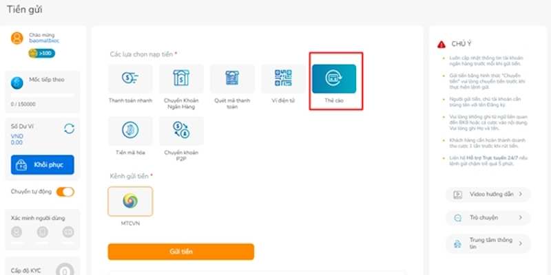 Sử dụng thẻ cào để nạp tiền tài khoản BK8